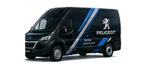 Peugeot Boxer in black with custom van vinyl graphics, front three-quarter view.
