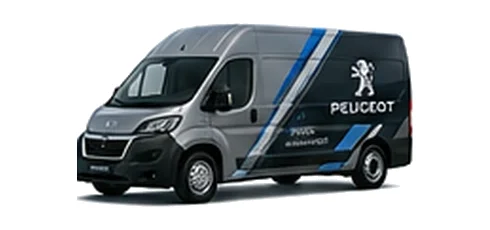 Peugeot Boxer in grey with custom van vinyl graphics, front three-quarter view.
