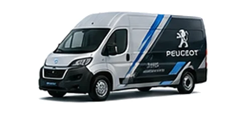 Peugeot Boxer in silver with custom van vinyl graphics, front three-quarter view.
