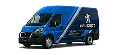 Peugeot Boxer in blue with custom van vinyl graphics, front three-quarter view.