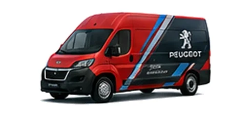 Peugeot Boxer in red with custom van vinyl graphics, front three-quarter view.