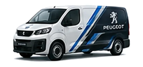 Peugeot e-Expert in white with custom van vinyl graphics, front three-quarter view.