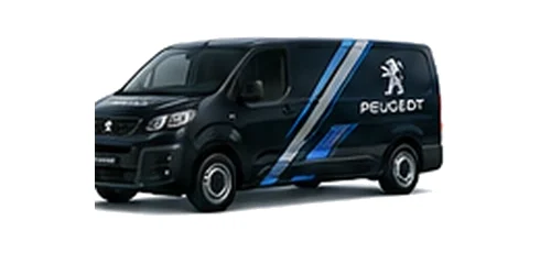 Peugeot e-Expert in black with custom van vinyl graphics, front three-quarter view.