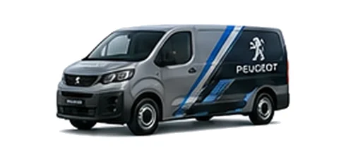 Peugeot e-Expert in grey with custom van vinyl graphics, front three-quarter view.