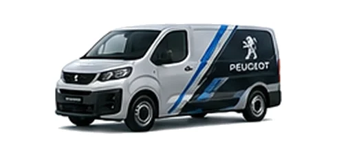 Peugeot e-Expert in silver with custom van vinyl graphics, front three-quarter view.