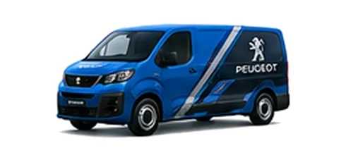 Peugeot e-Expert in blue with custom van vinyl graphics, front three-quarter view.