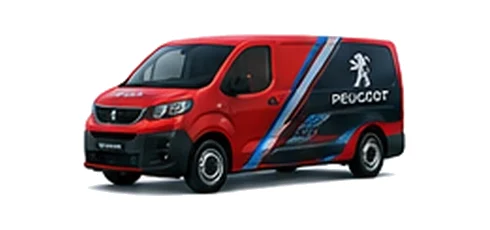 Peugeot e-Expert in red with custom van vinyl graphics, front three-quarter view.