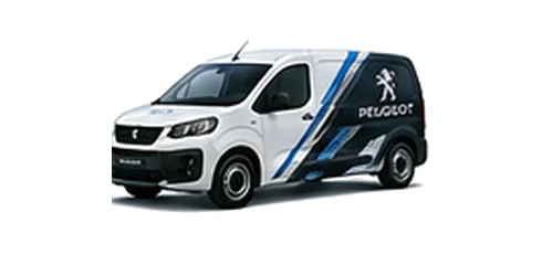 Peugeot e-Partner in white with custom van vinyl graphics, front three-quarter view.