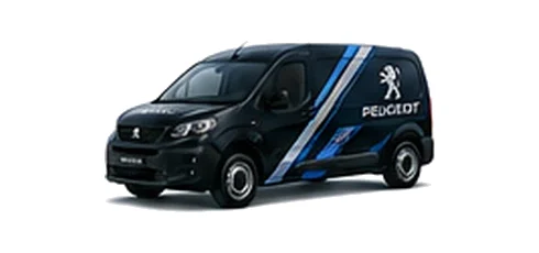 Peugeot e-Partner in black with custom van vinyl graphics, front three-quarter view.