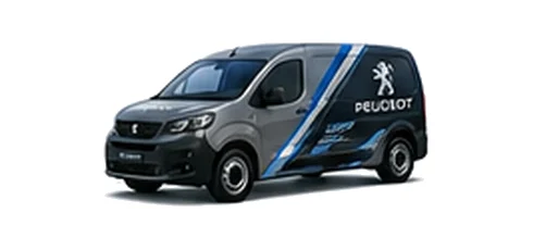 Peugeot e-Partner in grey with custom van vinyl graphics, front three-quarter view.