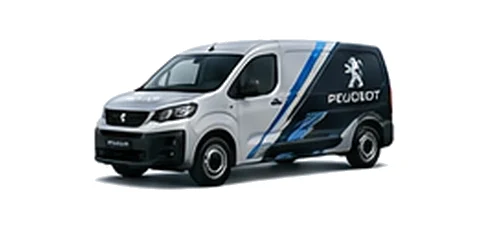 Peugeot e-Partner in silver with custom van vinyl graphics, front three-quarter view.