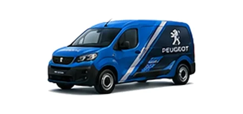Peugeot e-Partner in blue with custom van vinyl graphics, front three-quarter view.