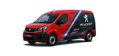 Peugeot e-Partner in red with custom van vinyl graphics, front three-quarter view.