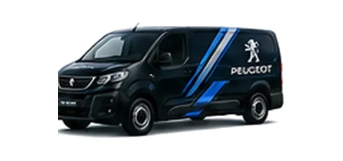 Peugeot Expert in black with custom van vinyl graphics, front three-quarter view.