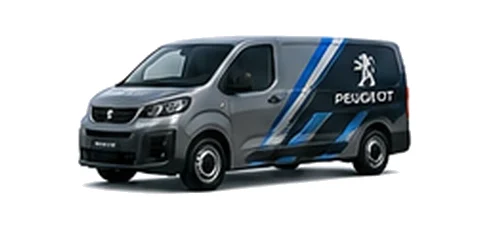 Peugeot Expert in grey with custom van vinyl graphics, front three-quarter view.