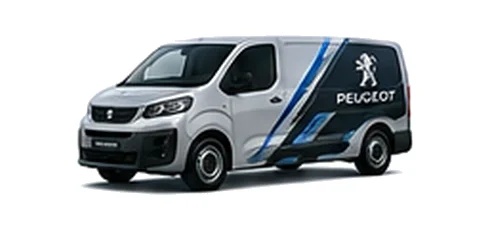 Peugeot Expert in silver with custom van vinyl graphics, front three-quarter view.