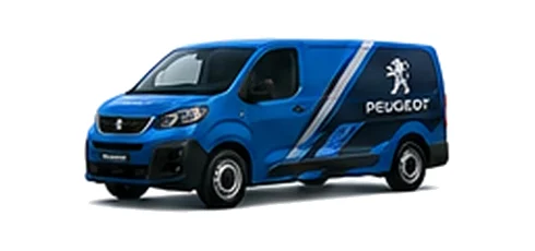 Peugeot Expert in blue with custom van vinyl graphics, front three-quarter view.