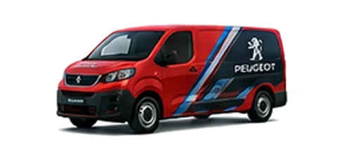 Peugeot Expert in red with custom van vinyl graphics, front three-quarter view.