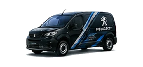 Peugeot Partner in black with custom van vinyl graphics, front three-quarter view.