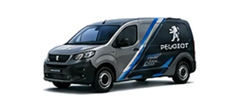 Peugeot Partner in grey with custom van vinyl graphics, front three-quarter view.