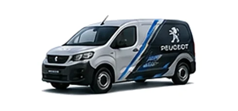 Peugeot Partner in silver with custom van vinyl graphics, front three-quarter view.