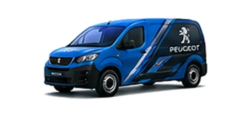 Peugeot Partner in blue with custom van vinyl graphics, front three-quarter view.