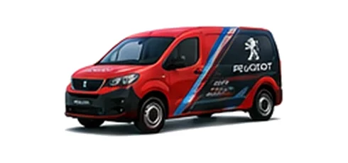 Peugeot Partner in red with custom van vinyl graphics, front three-quarter view.