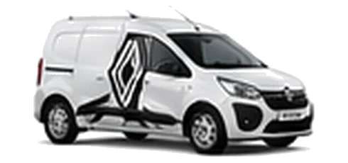 Renault Express in white with custom van vinyl graphics, front three-quarter view.