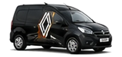 Renault Express in black with custom van vinyl graphics, front three-quarter view.