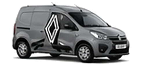 Renault Express in grey with custom van vinyl graphics, front three-quarter view.