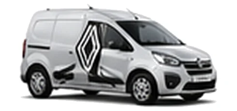 Renault Express in silver with custom van vinyl graphics, front three-quarter view.