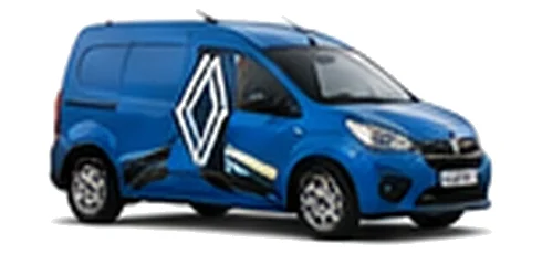 Renault Express in blue with custom van vinyl graphics, front three-quarter view.