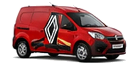 Renault Express in red with custom van vinyl graphics, front three-quarter view.