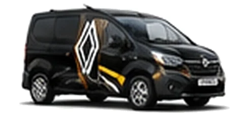 Renault Kangoo in black with custom van vinyl graphics, front three-quarter view.