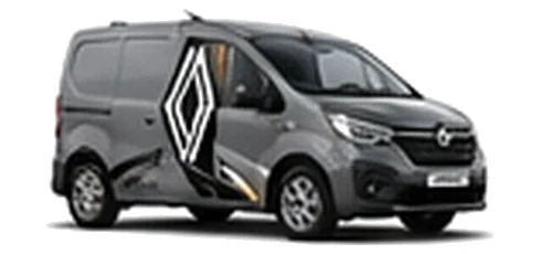 Renault Kangoo in grey with custom van vinyl graphics, front three-quarter view.