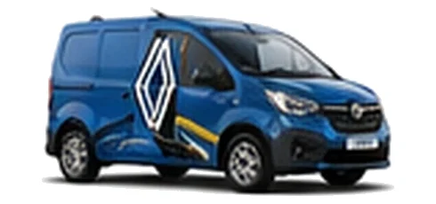 Renault Kangoo in blue with custom van vinyl graphics, front three-quarter view.