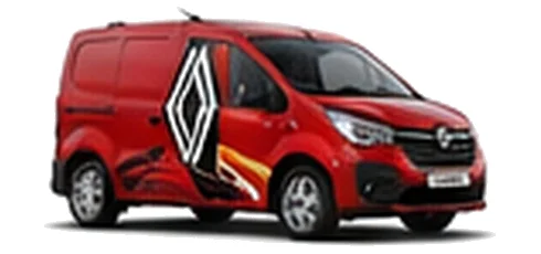 Renault Kangoo in red with custom van vinyl graphics, front three-quarter view.