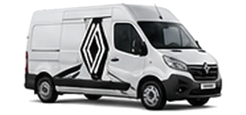 Renault Master in white with custom van vinyl graphics, front three-quarter view.
