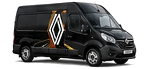 Renault Master in black with custom van vinyl graphics, front three-quarter view.