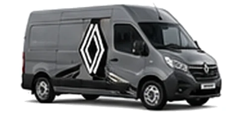 Renault Master in grey with custom van vinyl graphics, front three-quarter view.