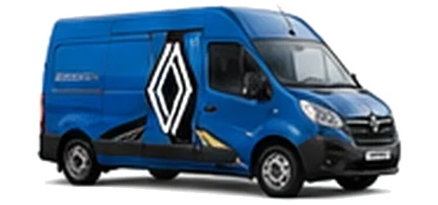 Renault Master in blue with custom van vinyl graphics, front three-quarter view.