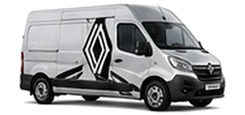 Renault Master E-Tech in silver with custom van vinyl graphics, front three-quarter view.