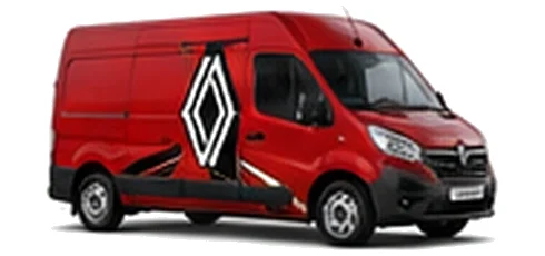 Renault Master E-Tech in red with custom van vinyl graphics, front three-quarter view.