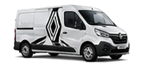 Renault Trafic in white with custom van vinyl graphics, front three-quarter view.