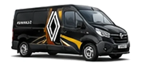 Renault Trafic in black with custom van vinyl graphics, front three-quarter view.