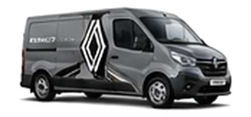 Renault Trafic in grey with custom van vinyl graphics, front three-quarter view.