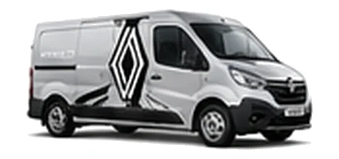 Renault Trafic in silver with custom van vinyl graphics, front three-quarter view.