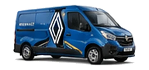 Renault Trafic in blue with custom van vinyl graphics, front three-quarter view.