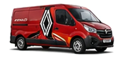 Renault Trafic in red with custom van vinyl graphics, front three-quarter view.