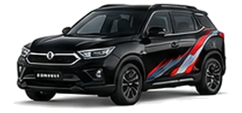 Ssangyong Korando Commercial in Space Black with custom van vinyl graphics, front three-quarter view.